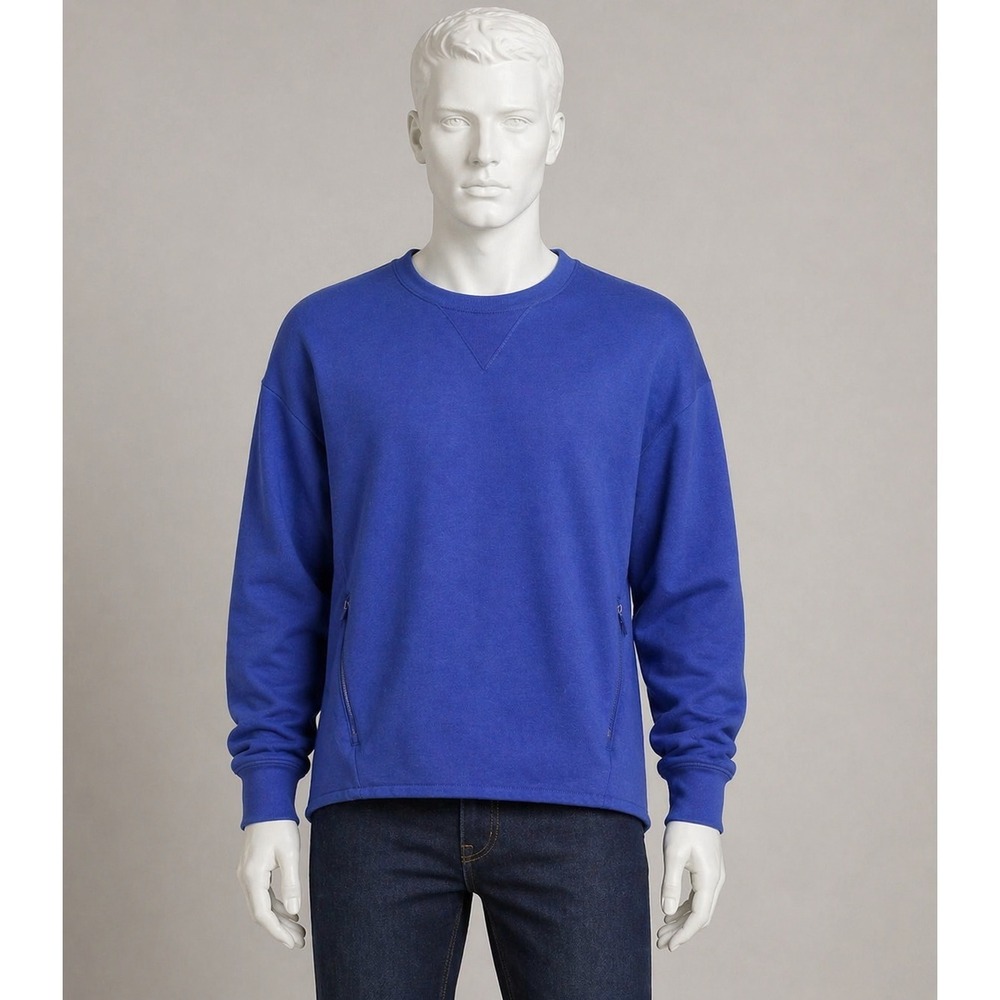 Men's Blue Crewneck Sweatshirt Side Zip Pockets Pullover Athletic Casual